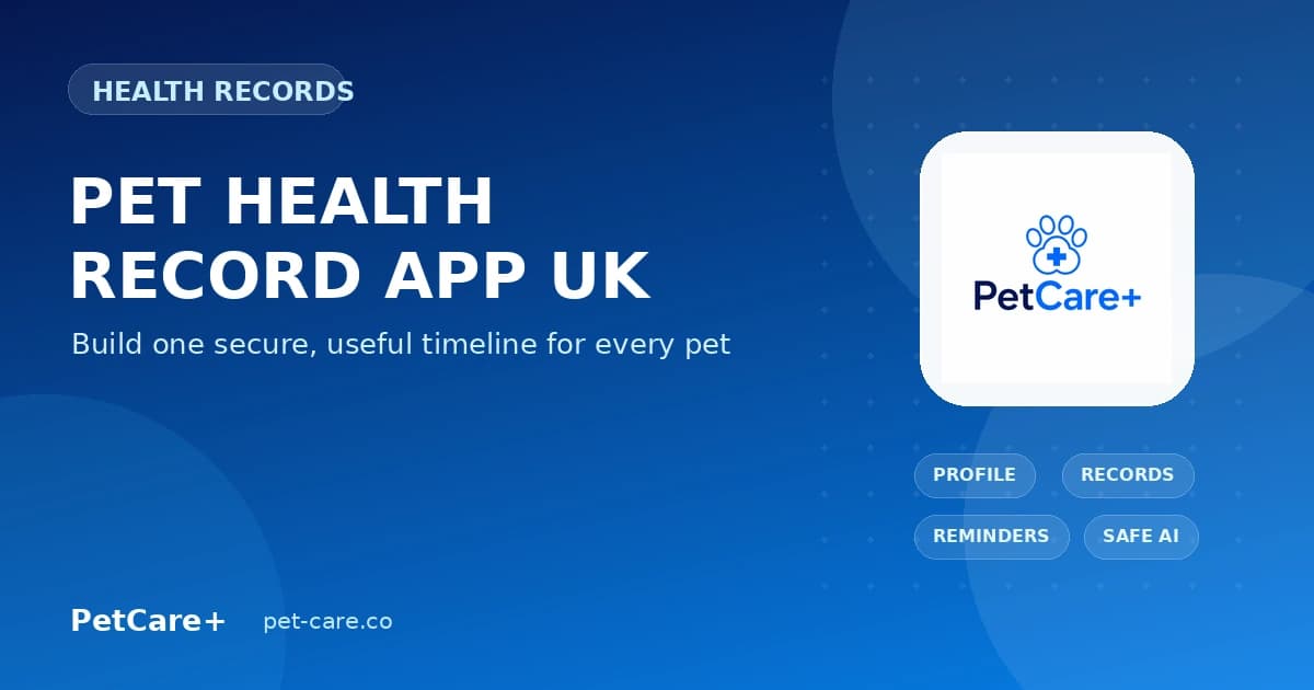 Pet health record app UK showing vaccination, medication and document timeline