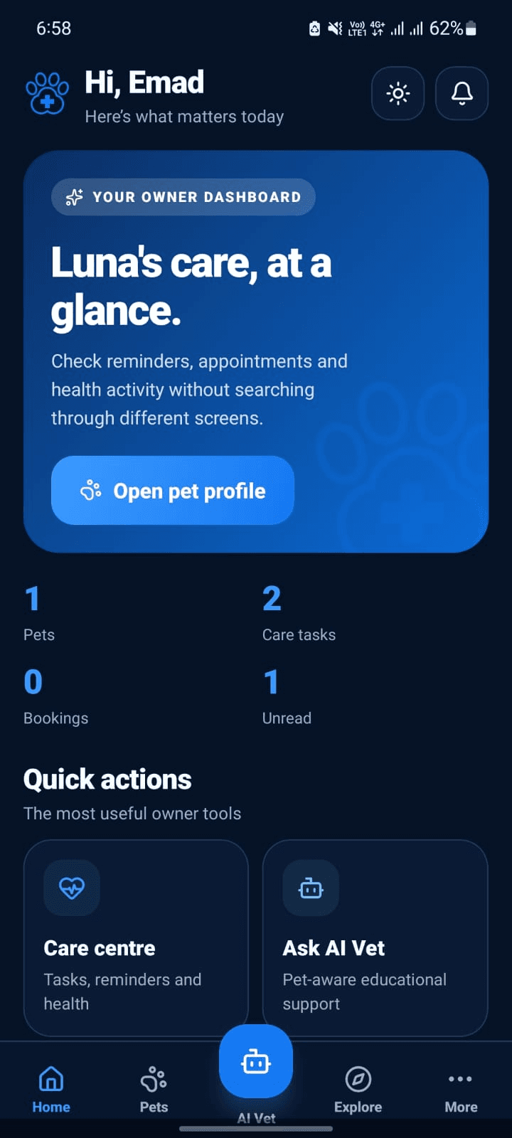 PetCare+ mobile owner dashboard